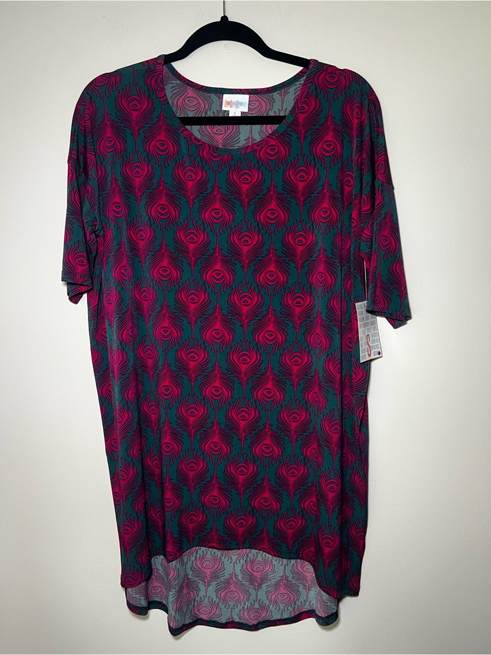 LuLaRoe Irma Teal and Magenta Peacock-Feather Top